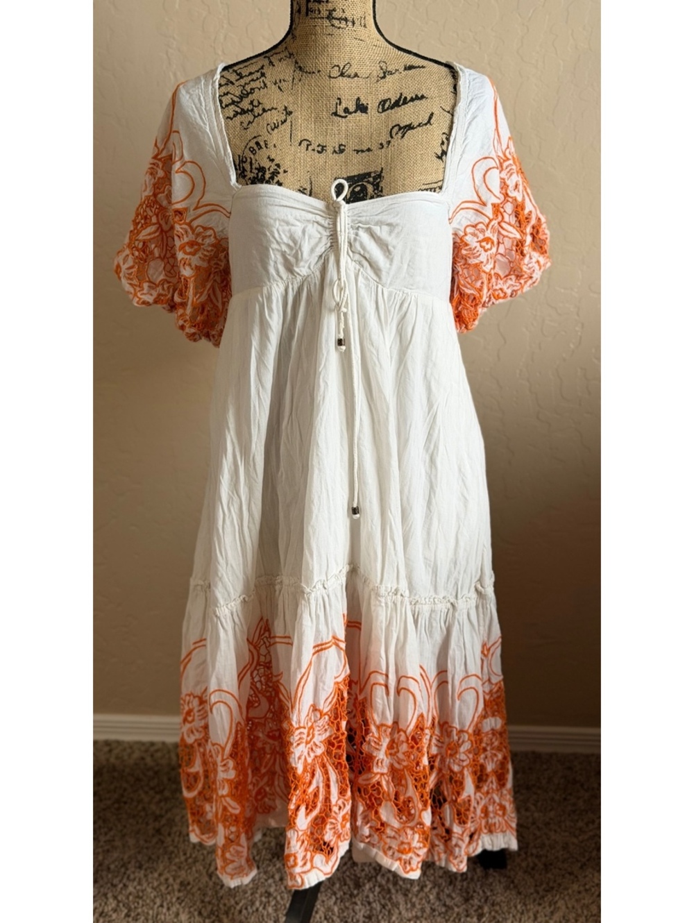 Anthropologie Tina Embroidered Maxi Dress XSP White Orange Puff Sleeve Boho